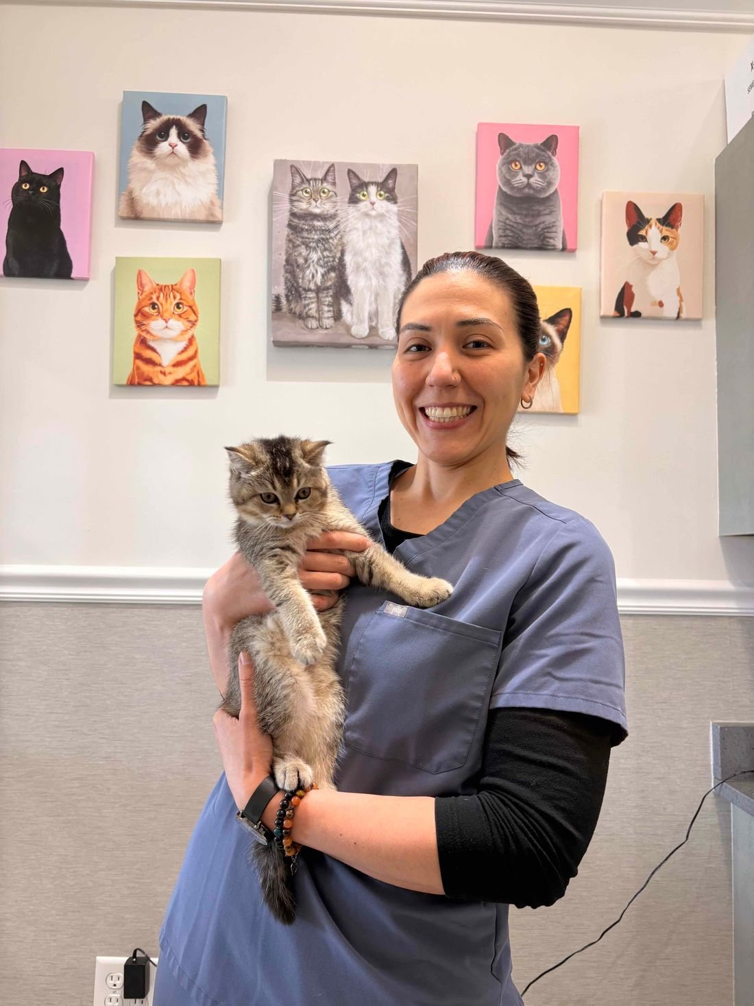 Gülümseyen bir veteriner hekim, kucağında bir kedi